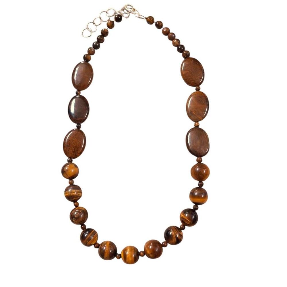 ๐ฅTigerโs Eye Beaded Necklace Brown Gemstone Statement Choker 18โ Adjustab